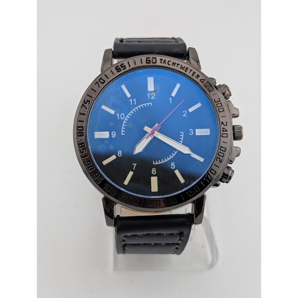 Men's Quartz Watch 49mm Case Black Faux Leather Band- New Battery